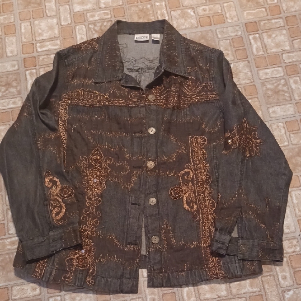 Chico's Black and Brown Jean Jacket with Ornate Embroidery Size 2